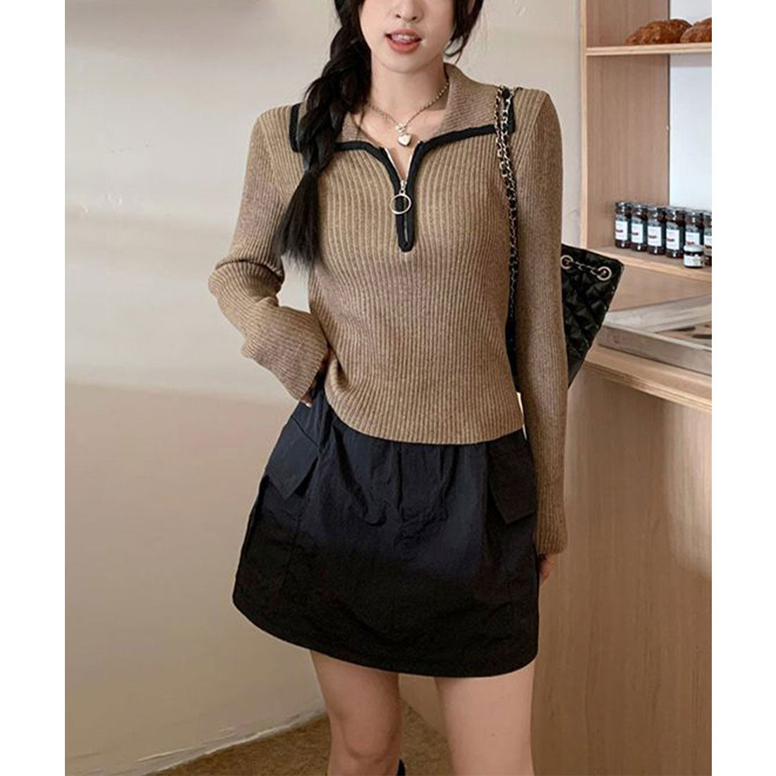 トップス minimini miniministore Knit Top with Zipper Solid Color