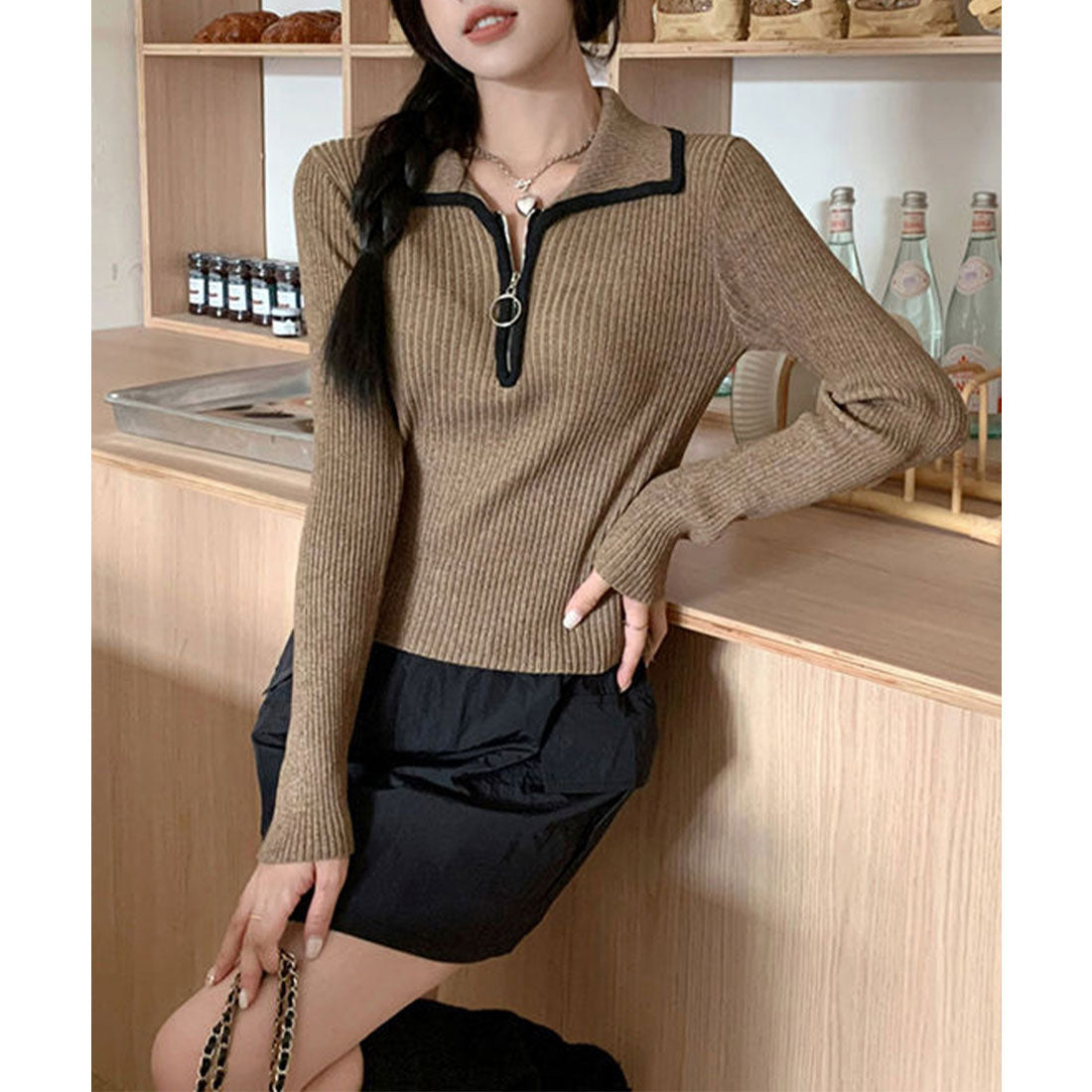 miniministore Knit Top with Zipper Solid Color