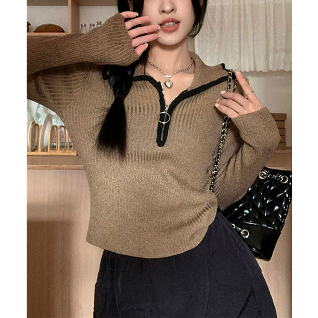 miniministore Knit Top with Zipper Solid Color