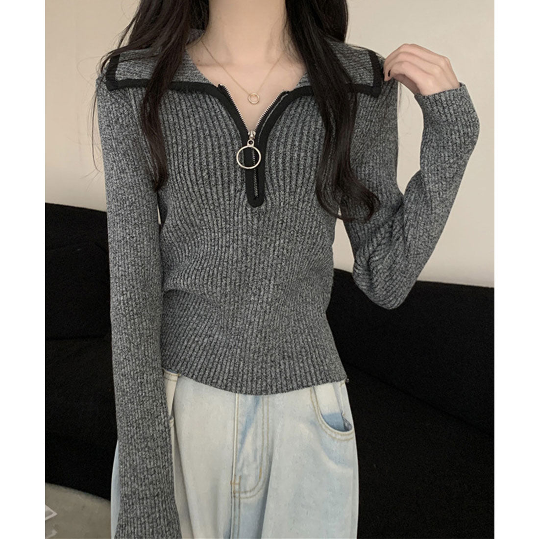 トップス minimini miniministore Knit Top with Zipper Solid Color