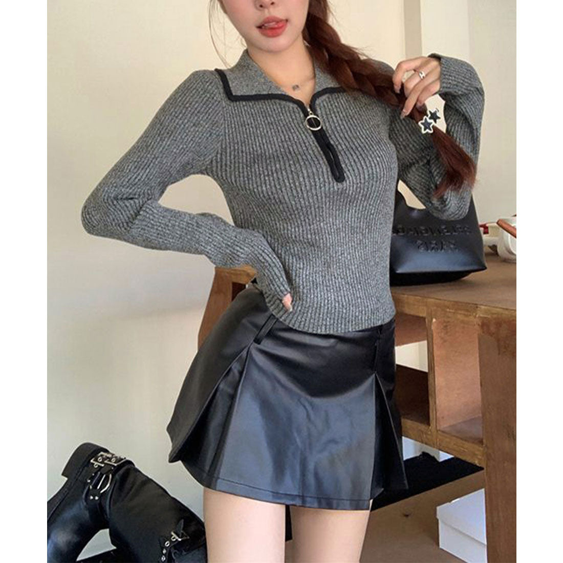 トップス minimini miniministore Knit Top with Zipper Solid Color