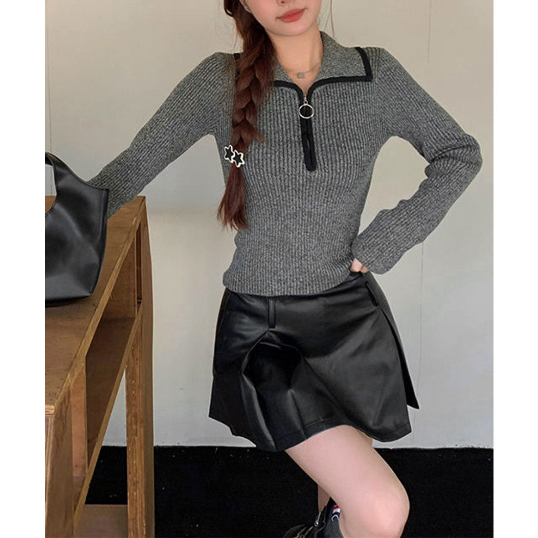 miniministore Knit Top with Zipper Solid Color