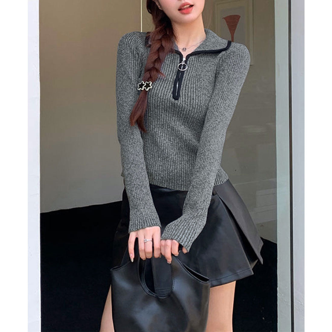 miniministore Knit Top with Zipper Solid Color