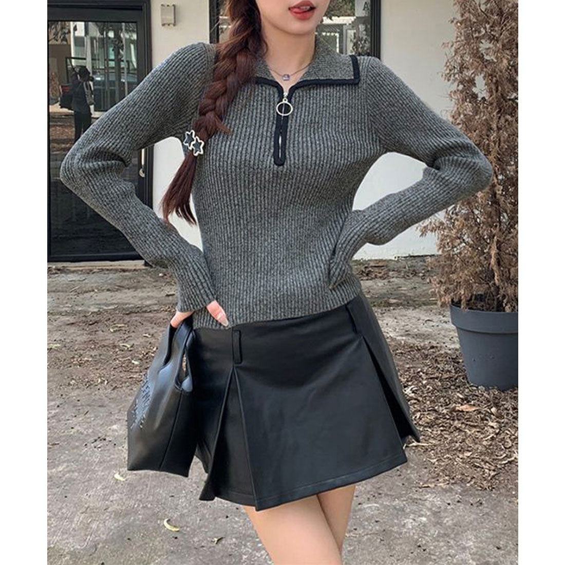 miniministore Knit Top with Zipper Solid Color