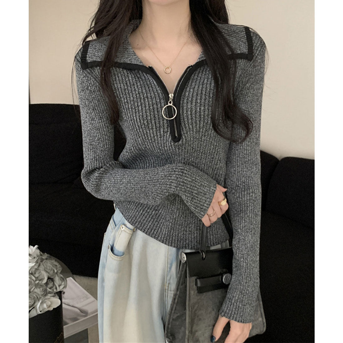 トップス minimini miniministore Knit Top with Zipper Solid Color