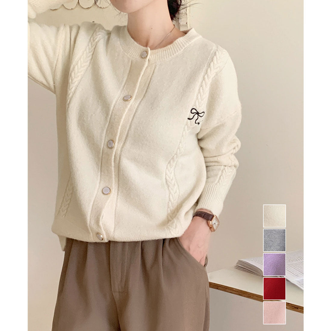 ミニミニストア miniministore リボンワンポイントニットカーディガン秋冬 （ラベンダー） ラベンダー