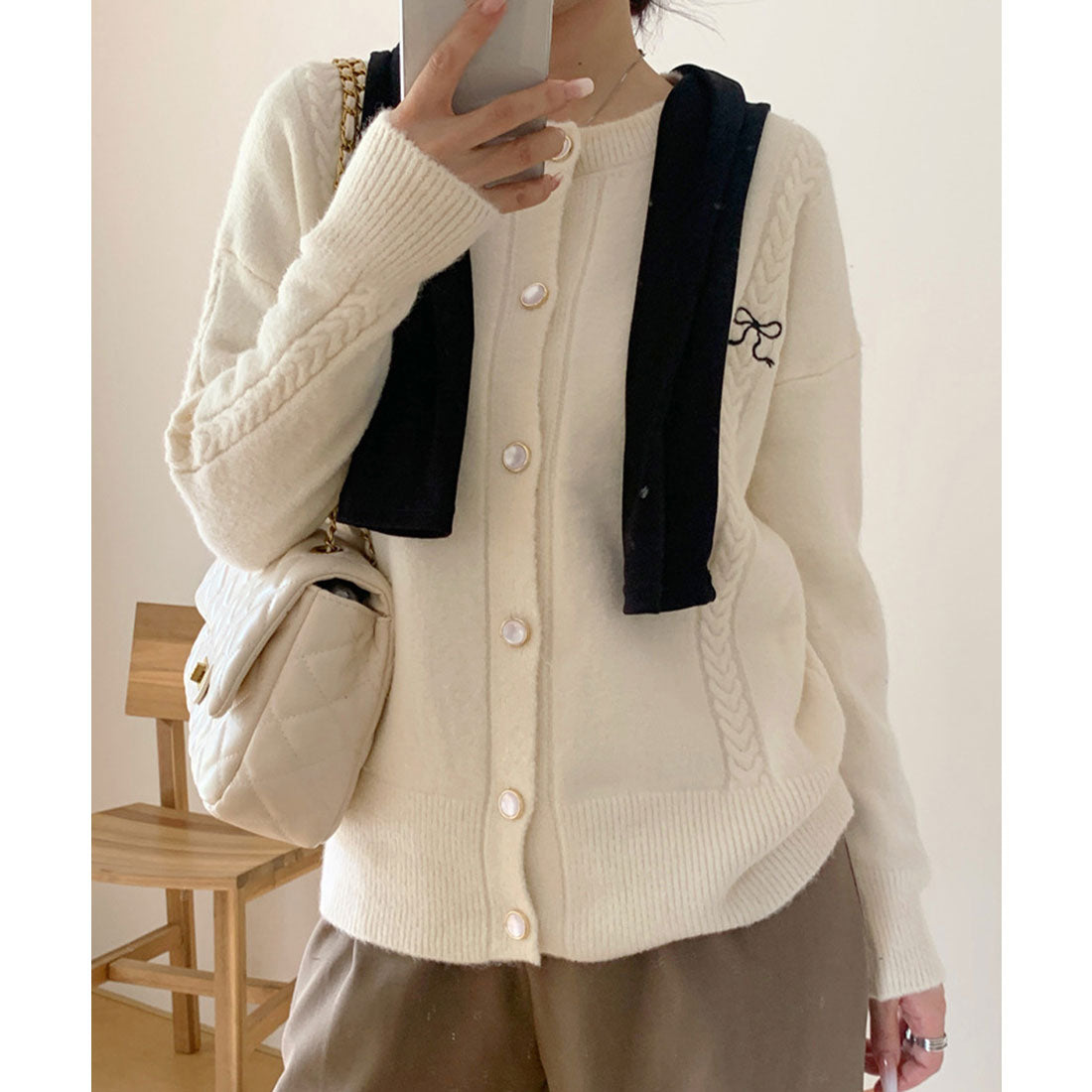 ミニミニストア miniministore リボンワンポイントニットカーディガン秋冬 （ラベンダー） ラベンダー