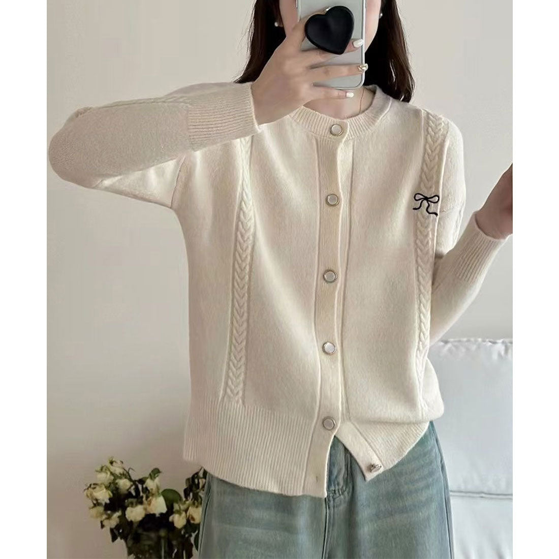 ミニミニストア miniministore リボンワンポイントニットカーディガン秋冬 （ラベンダー） ラベンダー