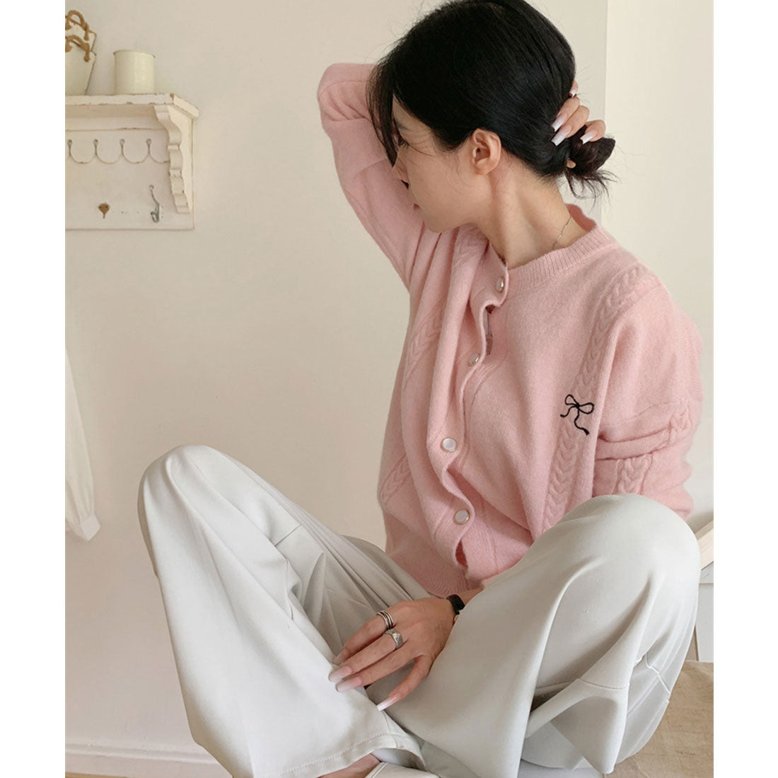 ミニミニストア miniministore リボンワンポイントニットカーディガン秋冬 （ラベンダー） ラベンダー