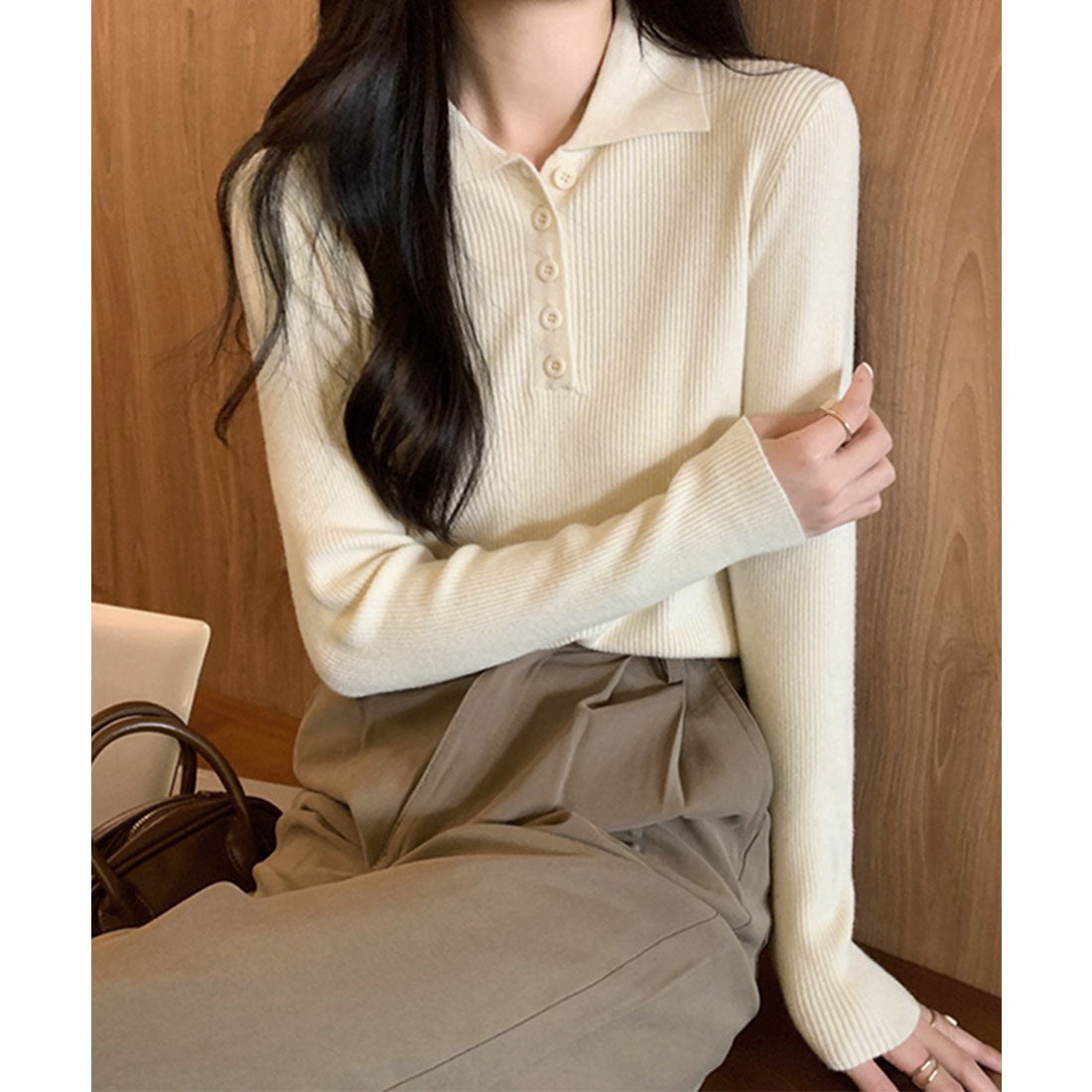 ミニミニストア miniministore ポロリブニットトップス ベーシック春秋服 （ベージュ） ベージュ