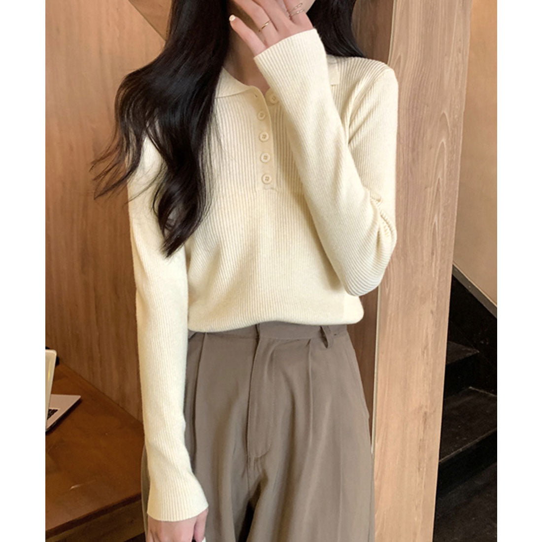 ミニミニストア miniministore ポロリブニットトップス ベーシック春秋服 （ベージュ） ベージュ