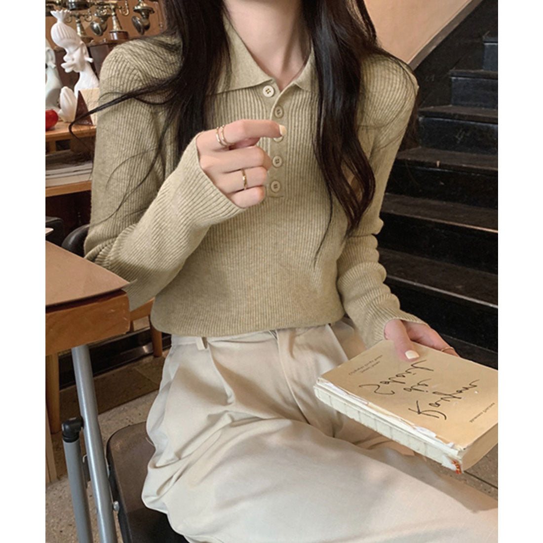 ミニミニストア miniministore ポロリブニットトップス ベーシック春秋服 （ベージュ） ベージュ