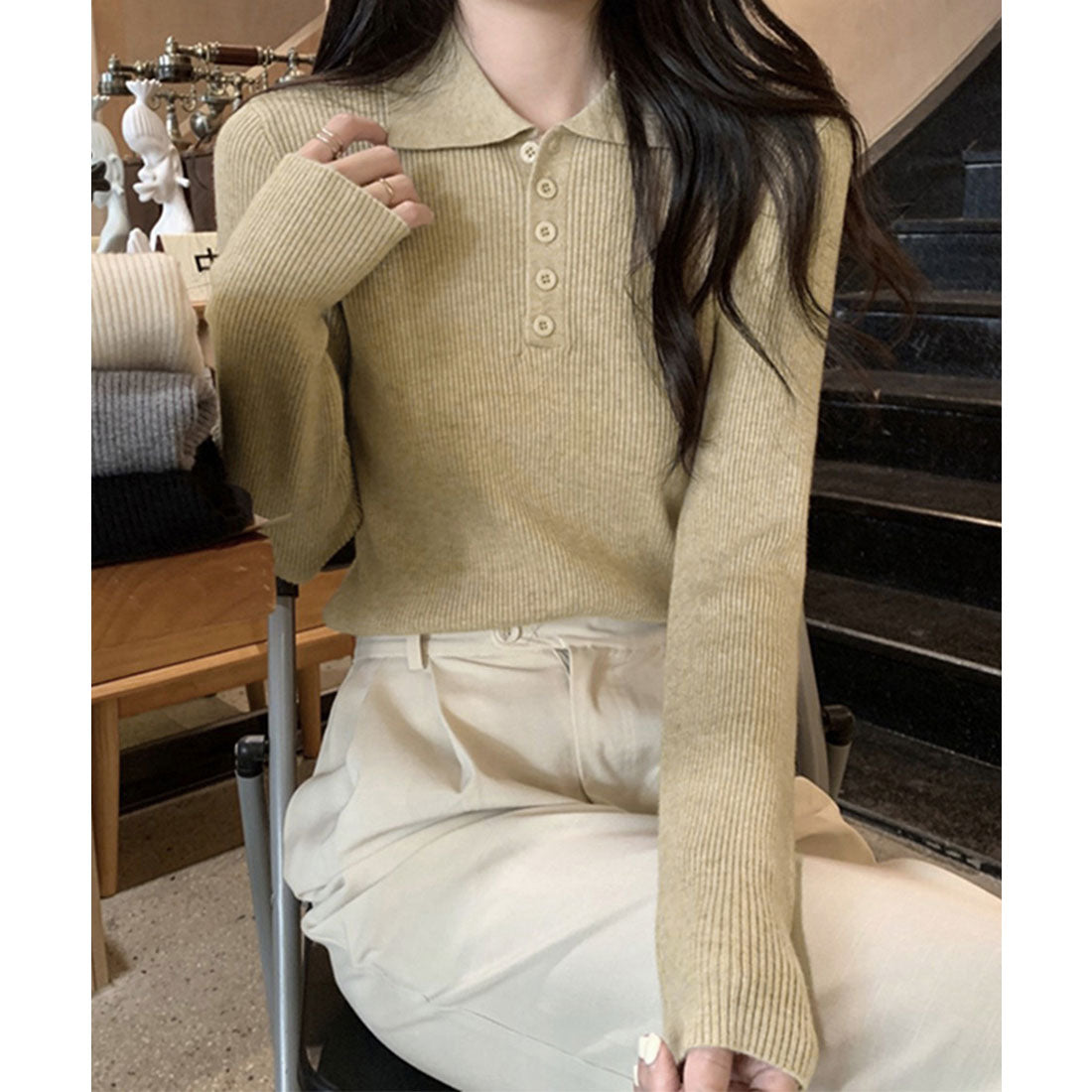 ミニミニストア miniministore ポロリブニットトップス ベーシック春秋服 （ベージュ） ベージュ