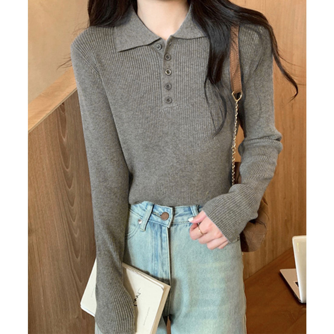 ミニミニストア miniministore ポロリブニットトップス ベーシック春秋服 （グレー） グレー