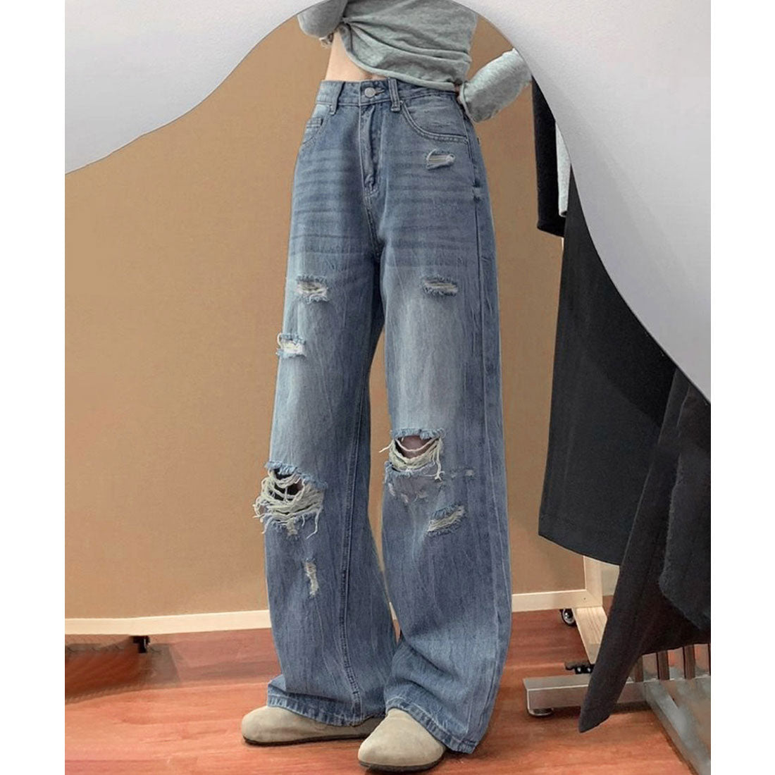 ミニミニストア miniministore ダメージデニムパンツ ワイドレッグデニム （ダークブルー） ダークブルー
