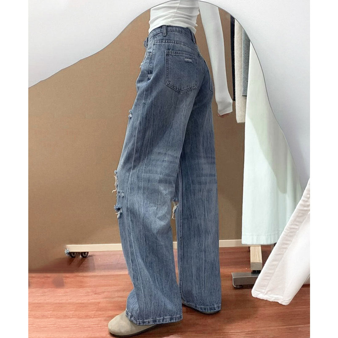 ミニミニストア miniministore ダメージデニムパンツ ワイドレッグデニム （ダークブルー） ダークブルー