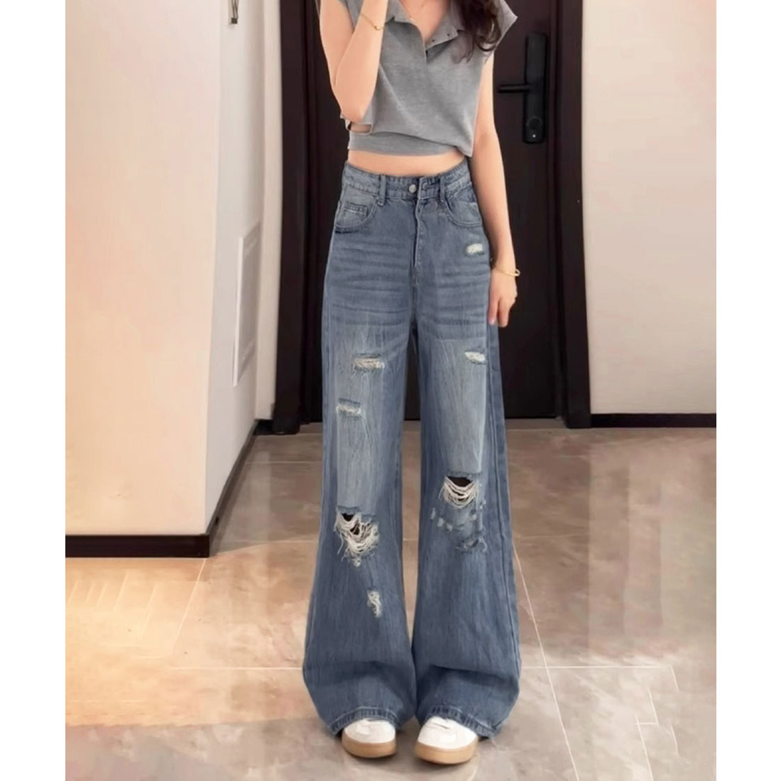 ミニミニストア miniministore ダメージデニムパンツ ワイドレッグデニム （ダークブルー） ダークブルー