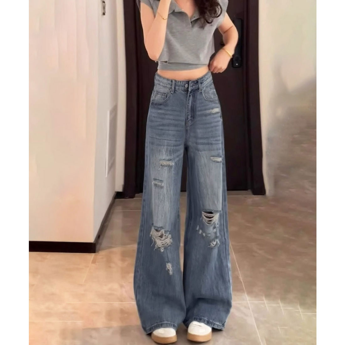 ミニミニストア miniministore ダメージデニムパンツ ワイドレッグデニム （ダークブルー） ダークブルー