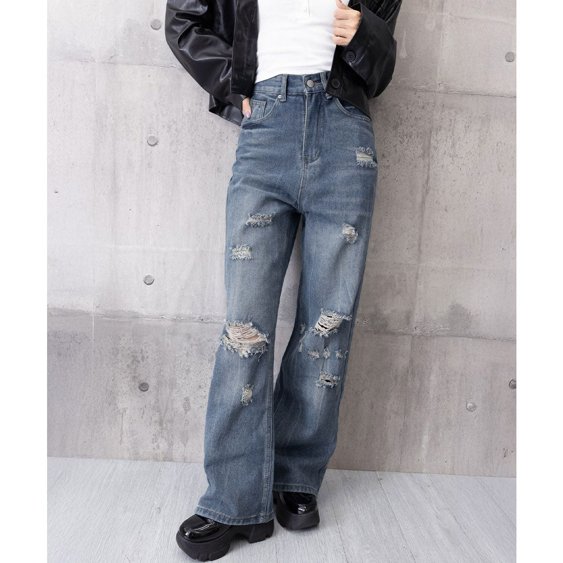 ミニミニストア miniministore ダメージデニムパンツ ワイドレッグデニム （ダークブルー） ダークブルー