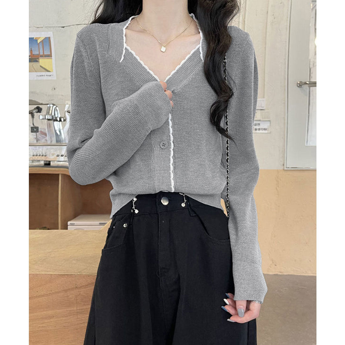 ミニミニストア miniministore ニットトップス レディース Vネック長袖 （グレー） グレー