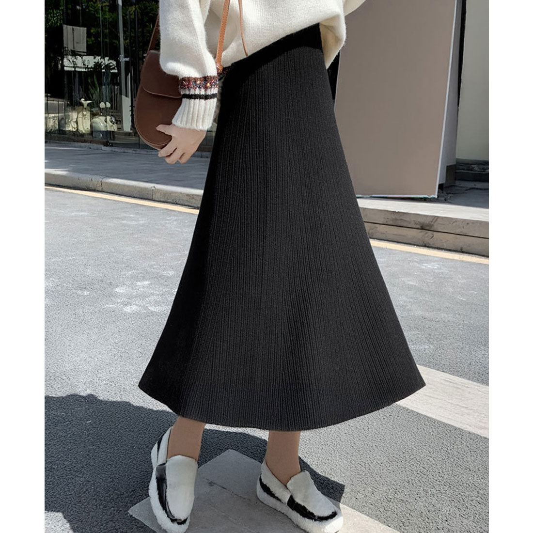 ミニミニストア miniministore フレアニットスカート 着やせ 無地 秋冬 （グレー） グレー