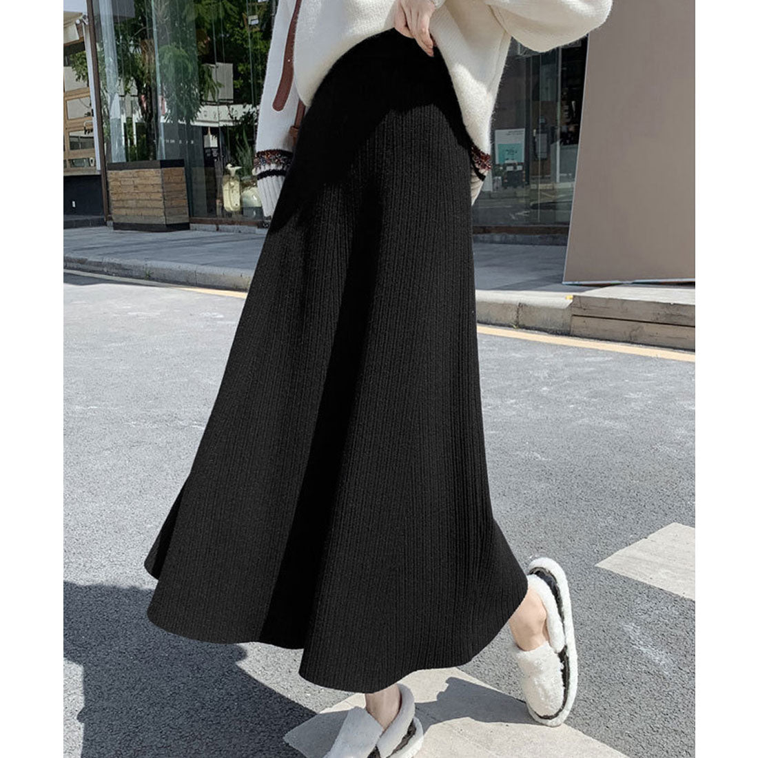 ミニミニストア miniministore フレアニットスカート 着やせ 無地 秋冬 （グレー） グレー