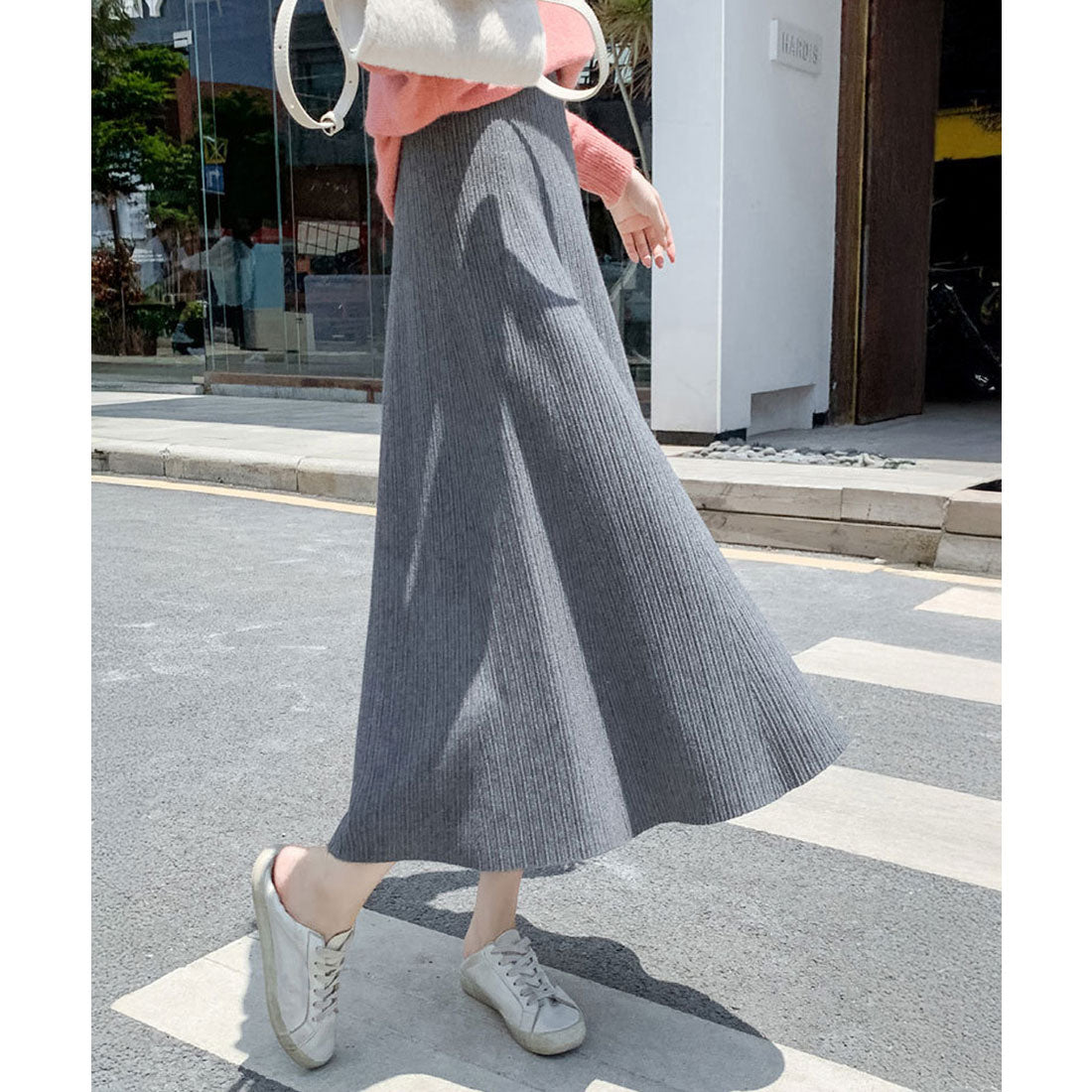 ミニミニストア miniministore フレアニットスカート 着やせ 無地 秋冬 （グレー） グレー