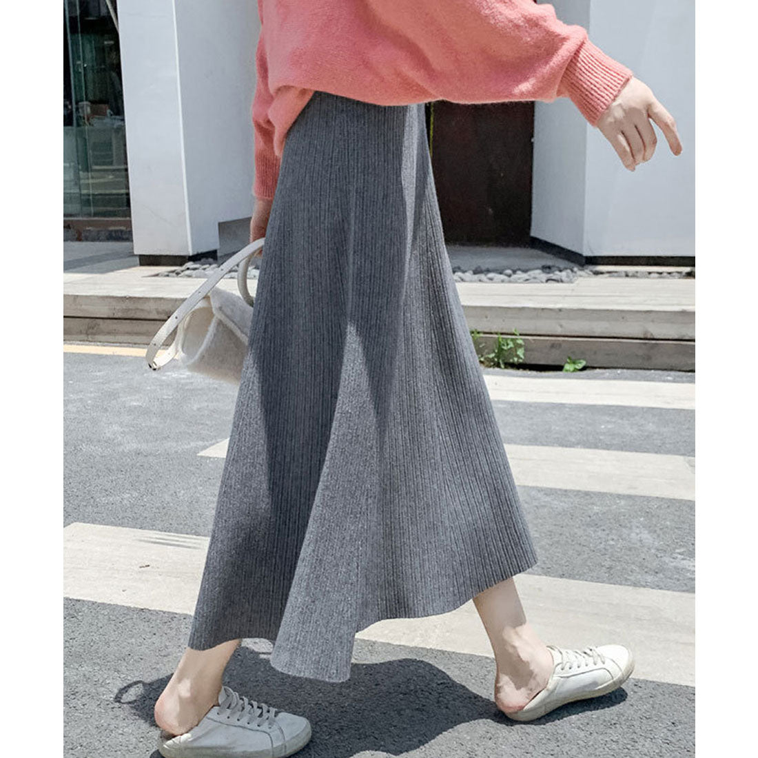 ミニミニストア miniministore フレアニットスカート 着やせ 無地 秋冬 （グレー） グレー