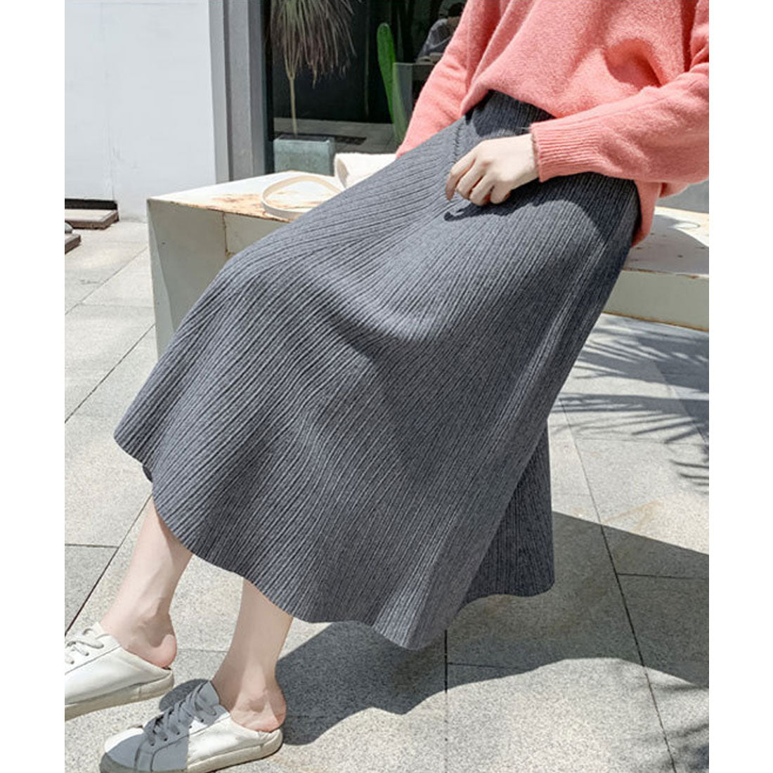 ミニミニストア miniministore フレアニットスカート 着やせ 無地 秋冬 （グレー） グレー