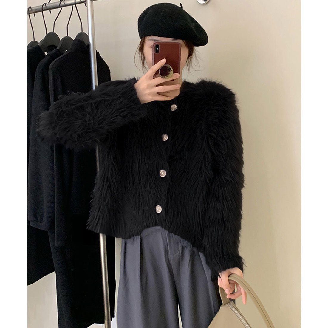 ミニミニストア miniministore シャギーニットカーディガンふわふわ秋冬服 （アイボリー） アイボリー