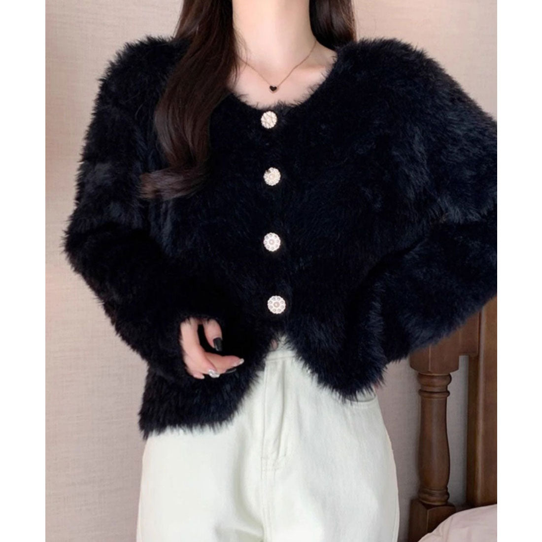 ミニミニストア miniministore シャギーニットカーディガンふわふわ秋冬服 （アイボリー） アイボリー
