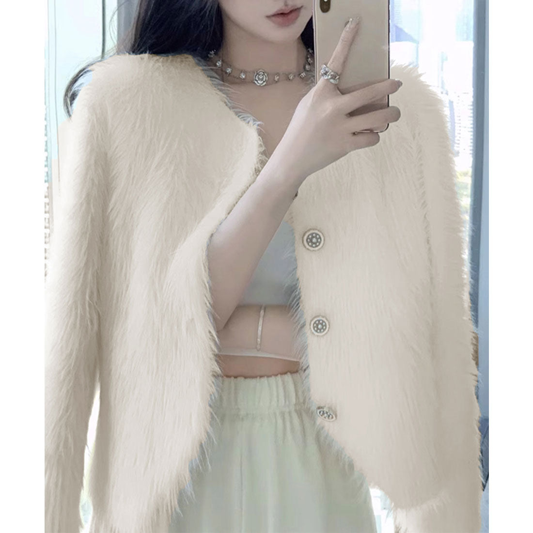 ミニミニストア miniministore シャギーニットカーディガンふわふわ秋冬服 （アイボリー） アイボリー