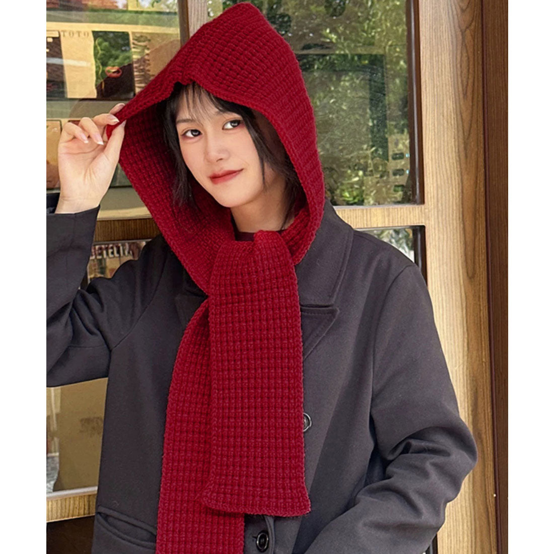 ミニミニストア miniministore フード付きニットマフラー韓国風バラクラバ （ワインレッド） ワインレッド