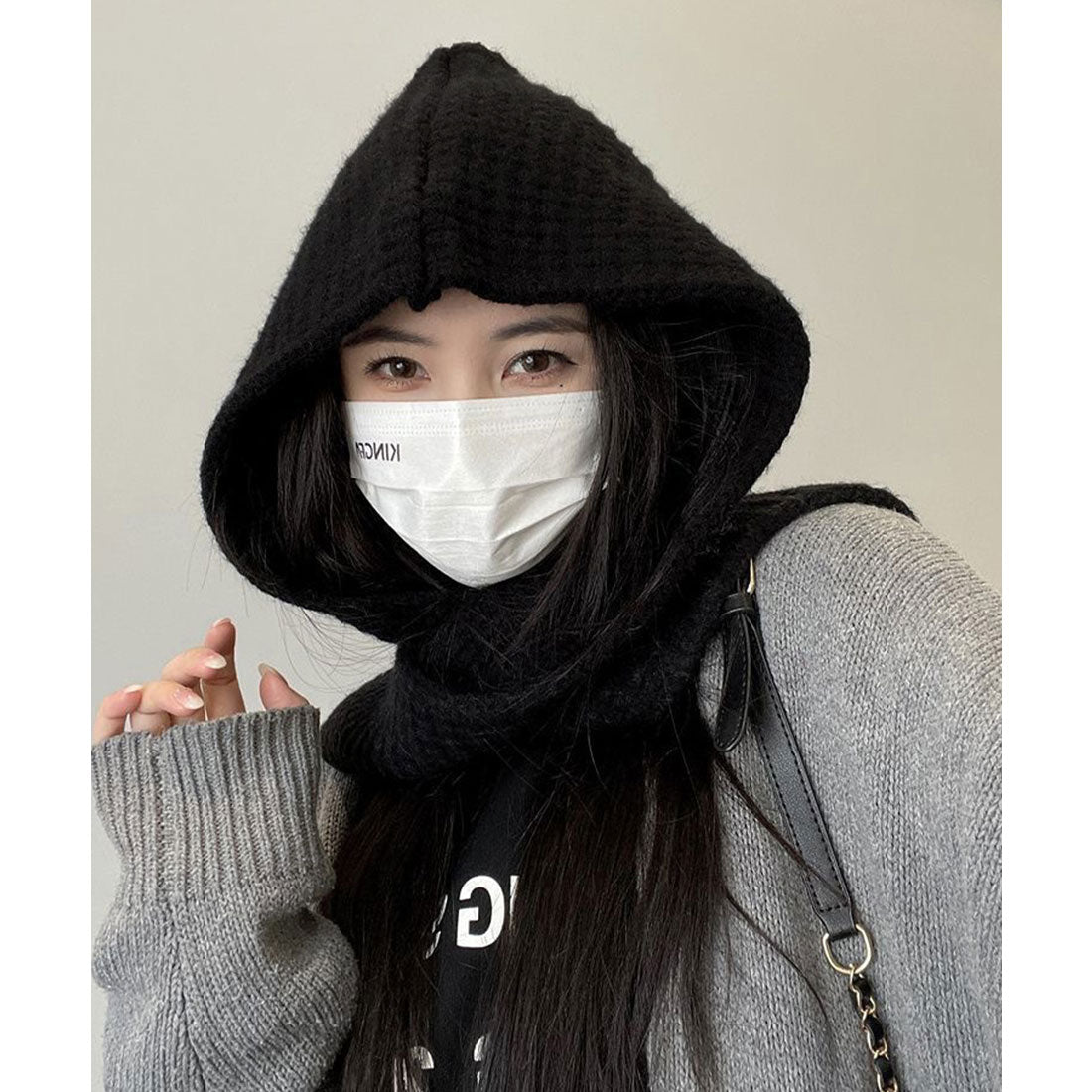 ミニミニストア miniministore フード付きニットマフラー韓国風バラクラバ （ブラック） ブラック