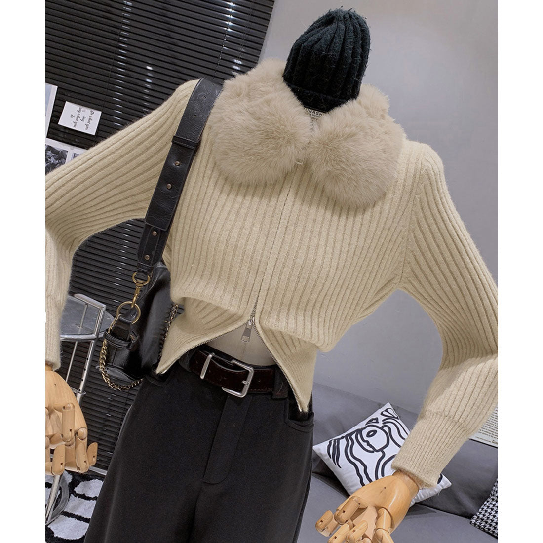 ミニミニストア miniministore ファー襟ニットカーディガン ダブルジップ （ベージュ） ベージュ