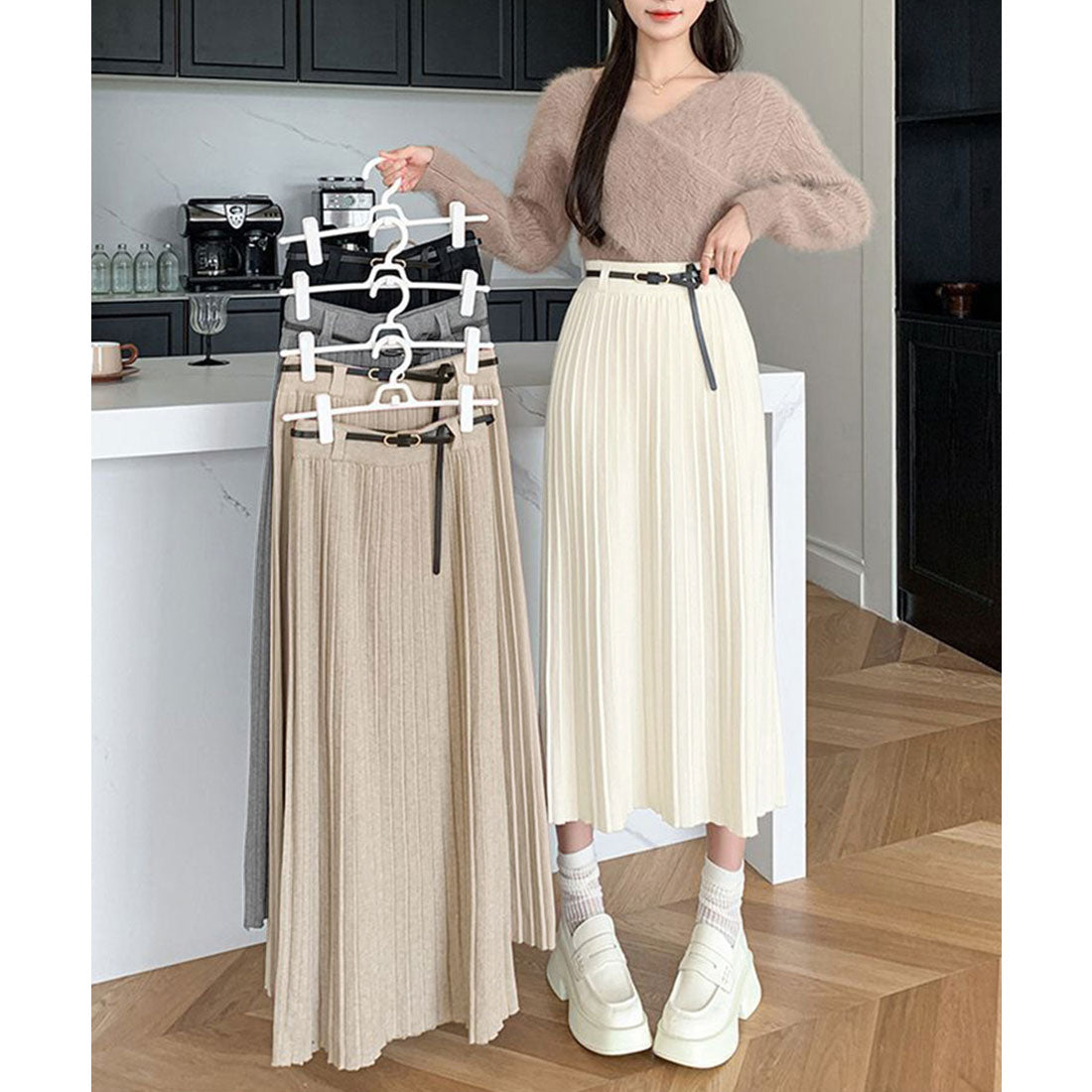 ミニミニストア miniministore ハイウエスト プリーツニットスカート秋冬 （ベージュ） ベージュ