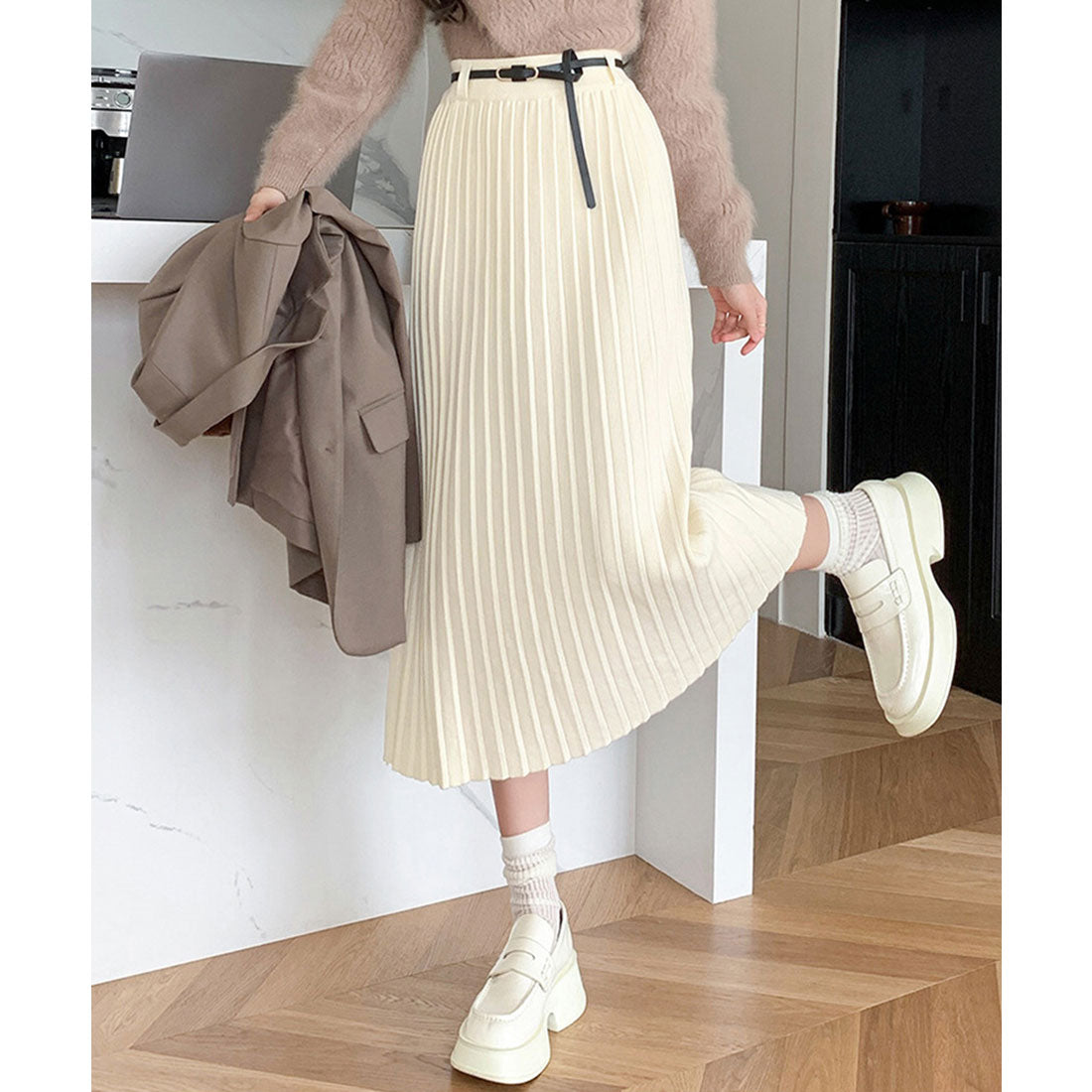 ミニミニストア miniministore ハイウエスト プリーツニットスカート秋冬 （ベージュ） ベージュ