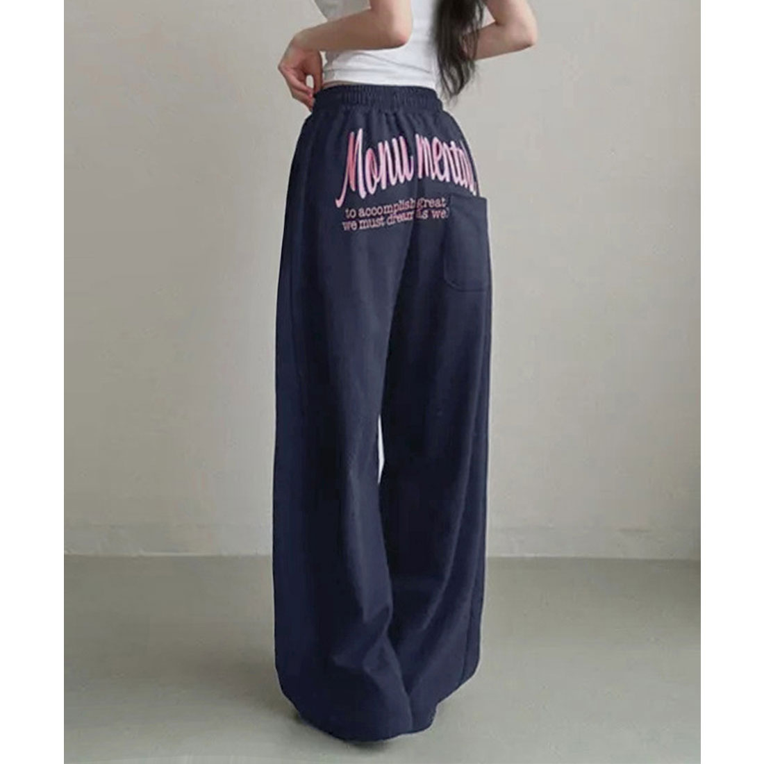 ミニミニストア miniministore バッグプリントワイドスエットパンツ韓国風 （ネイビー*裏起毛なし） ネイビー*裏起毛なし