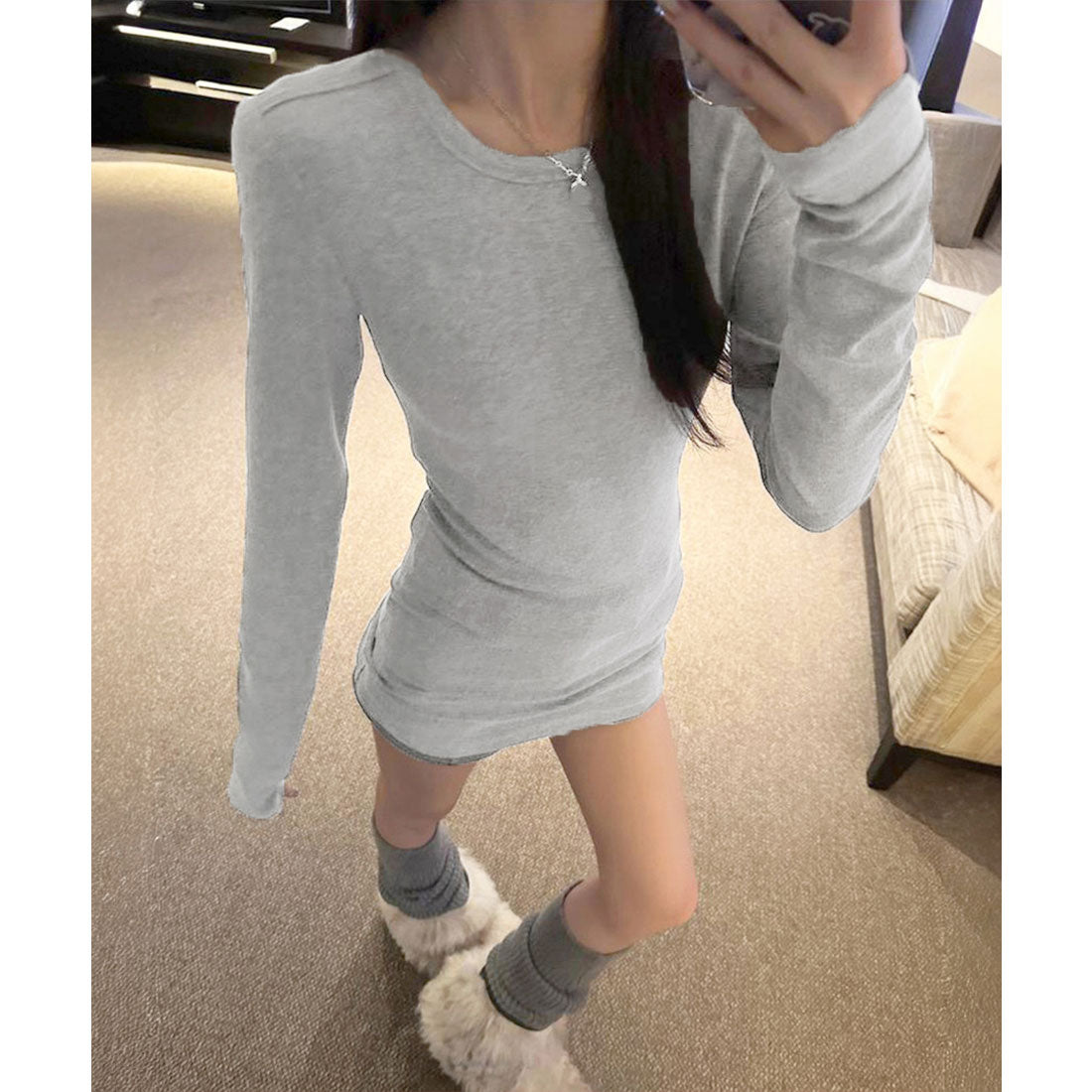 ミニミニストア miniministore ロングTシャツ 重ね着フィットカットソー （グレー*デロン素材） グレー*デロン素材