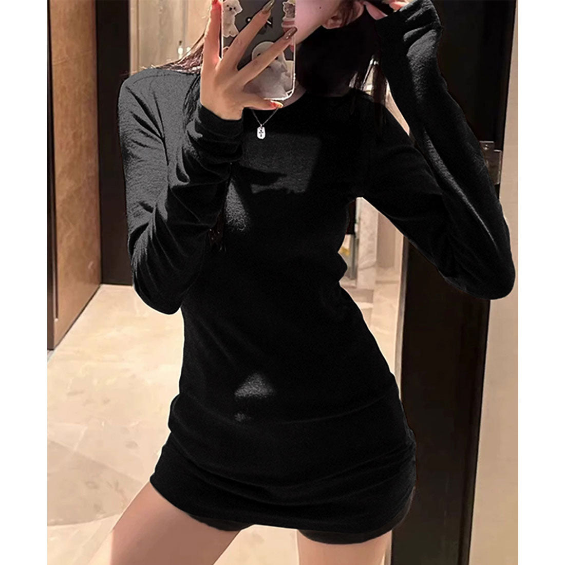 ミニミニストア miniministore ロングTシャツ 重ね着フィットカットソー （ブラック*デロン素材） ブラック*デロン素材