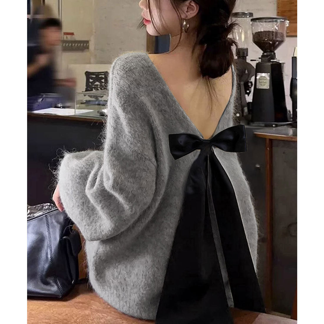 ミニミニストア miniministore バックオープンリボンニットトップス韓国風 （グレー） グレー