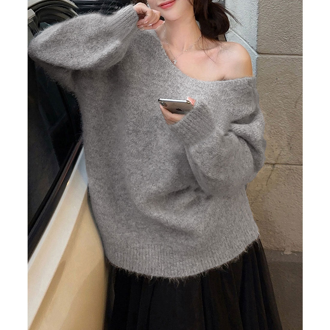ミニミニストア miniministore バックオープンリボンニットトップス韓国風 （グレー） グレー