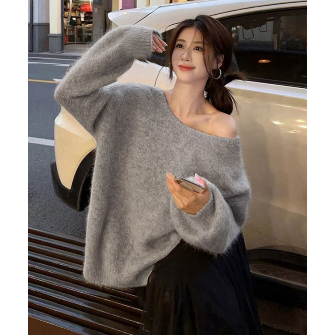 ミニミニストア miniministore バックオープンリボンニットトップス韓国風 （グレー） グレー