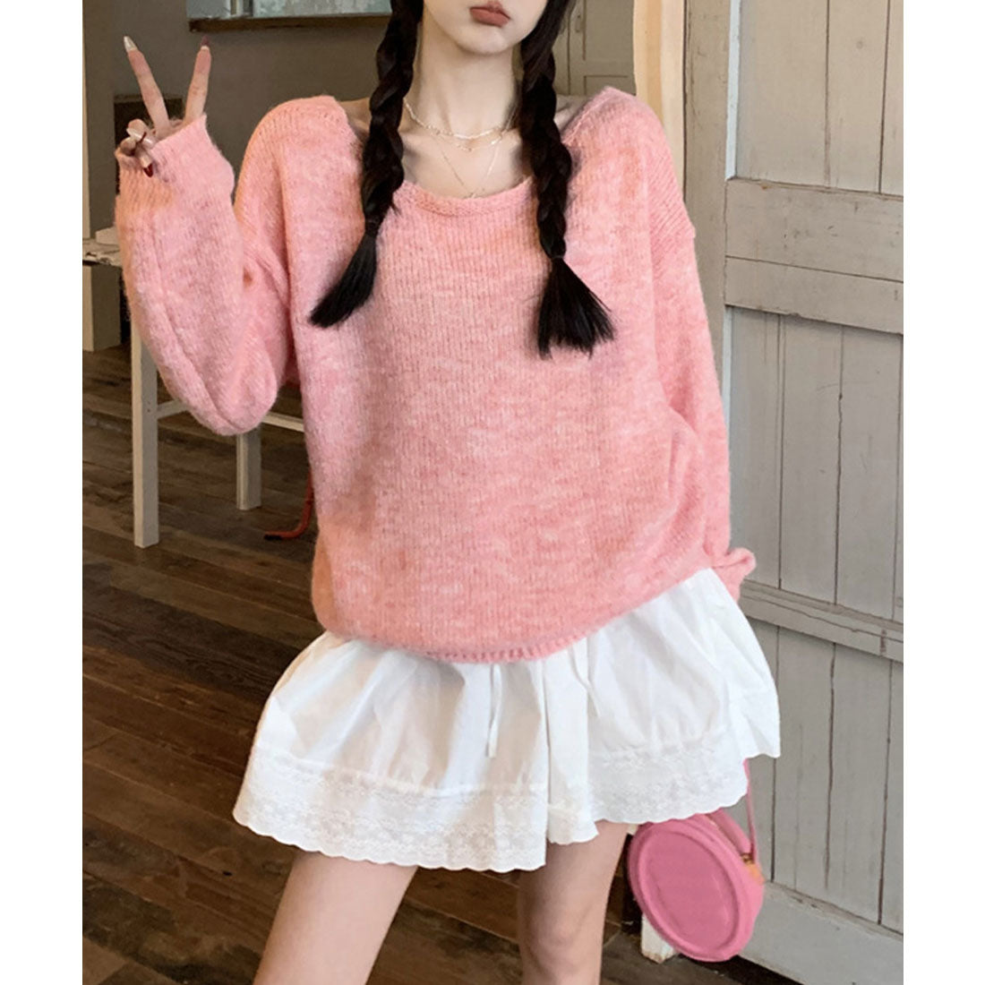 ミニミニストア miniministore バックオープンリボンニットトップス韓国風 （グレー） グレー