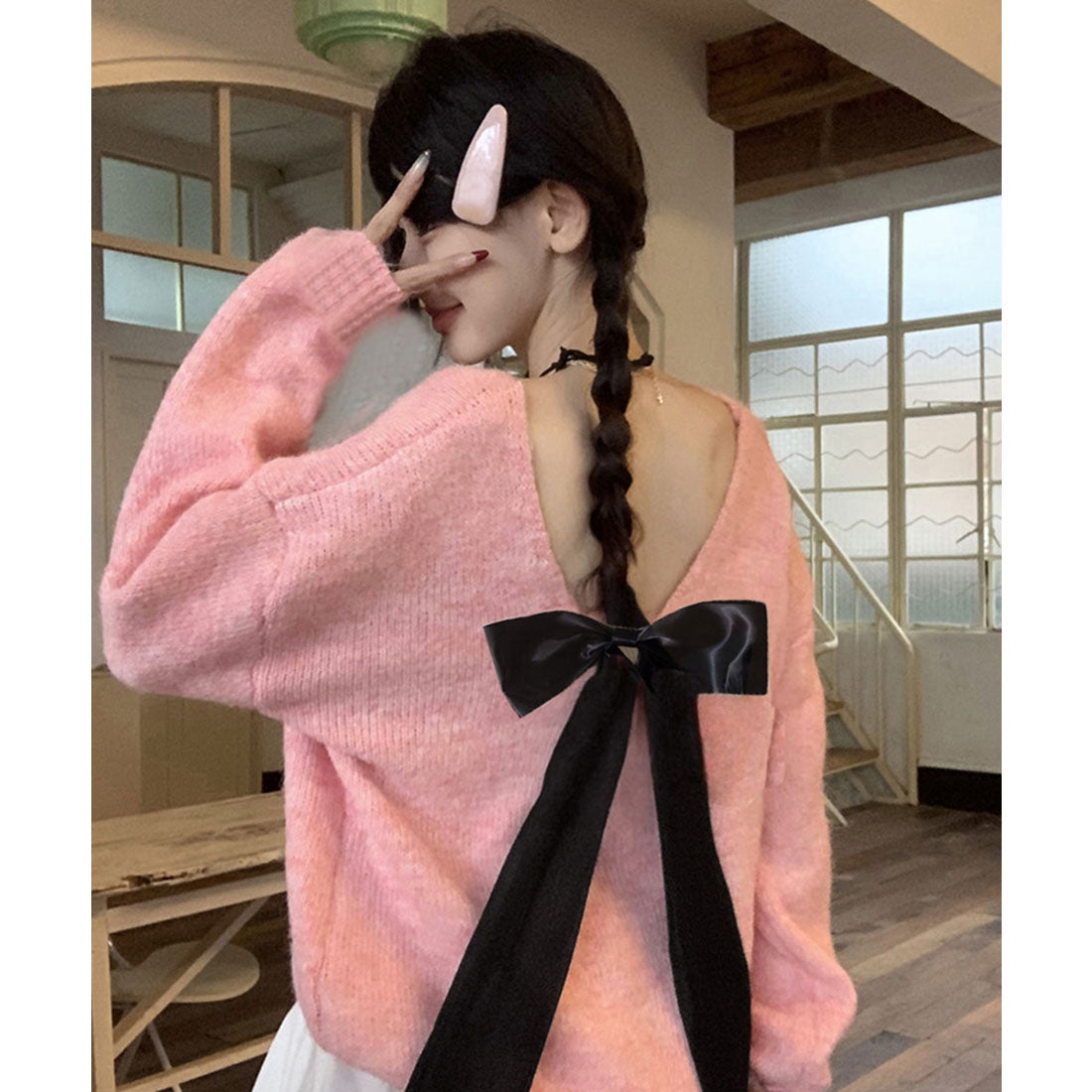 ミニミニストア miniministore バックオープンリボンニットトップス韓国風 （グレー） グレー