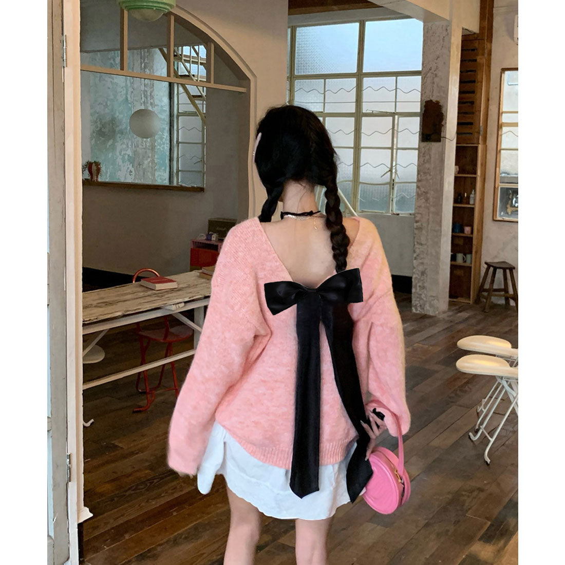 ミニミニストア miniministore バックオープンリボンニットトップス韓国風 （グレー） グレー
