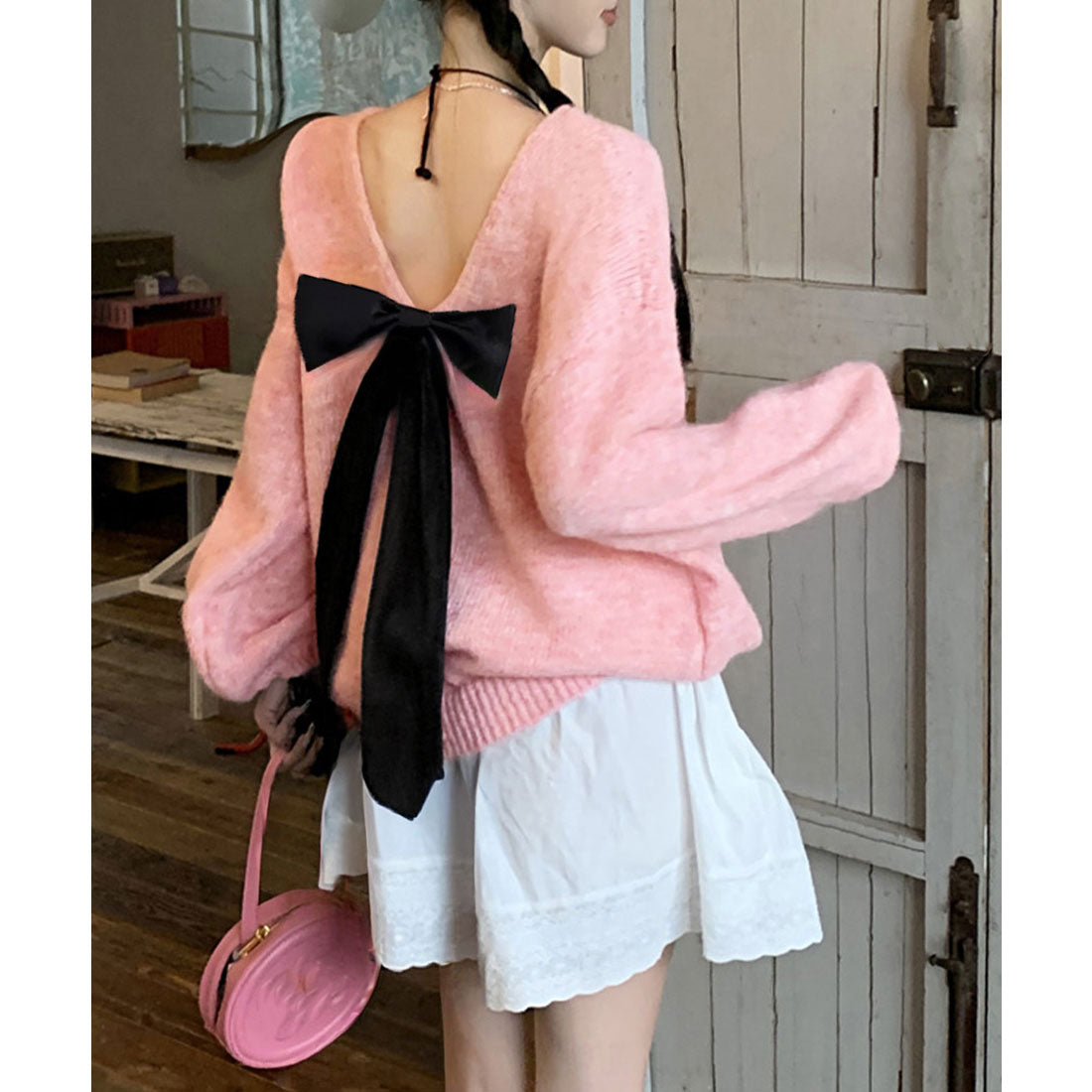 ミニミニストア miniministore バックオープンリボンニットトップス韓国風 （ピンク） ピンク
