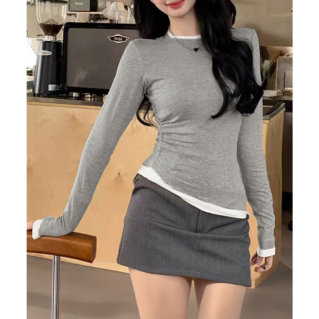 ミニミニストア miniministore 長袖Tシャツ ドッキング 無地カットソー （グレー） グレー