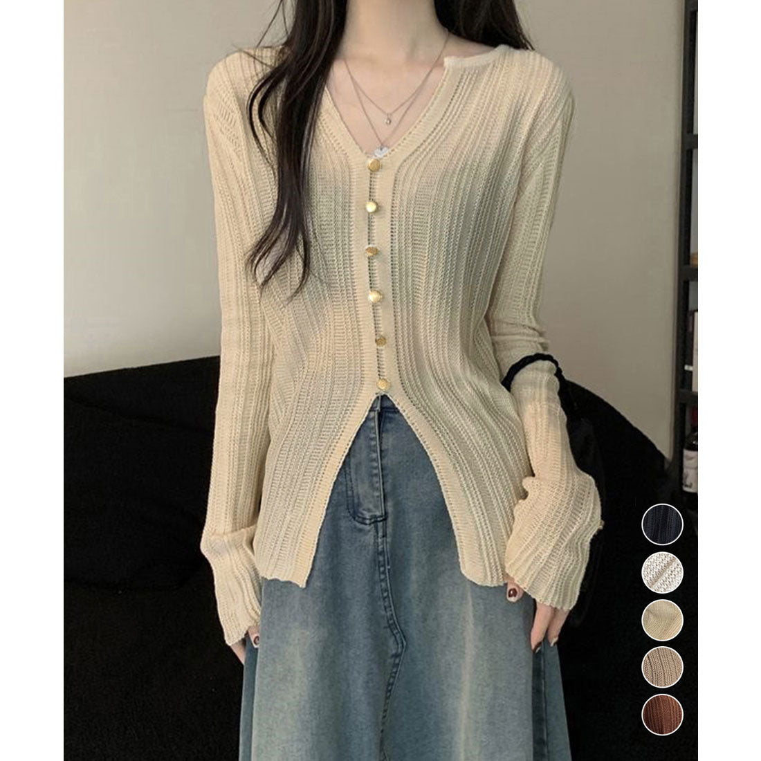 ミニミニストア miniministore 透かし編みVネックニット フロントボタン （アイボリー） アイボリー