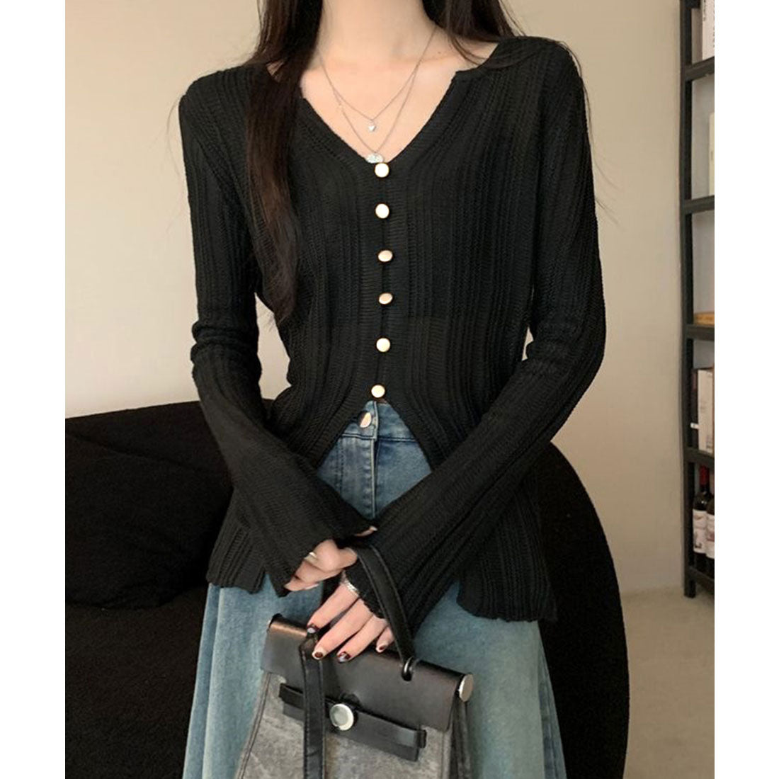 ミニミニストア miniministore 透かし編みVネックニット フロントボタン （アイボリー） アイボリー